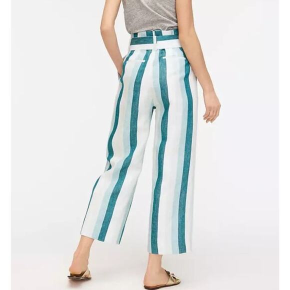 J. Crew Size 8 Paper Bag Linen Wide Leg Pants Cabana Strip Turquoise Jade White - Picture 2 of 9